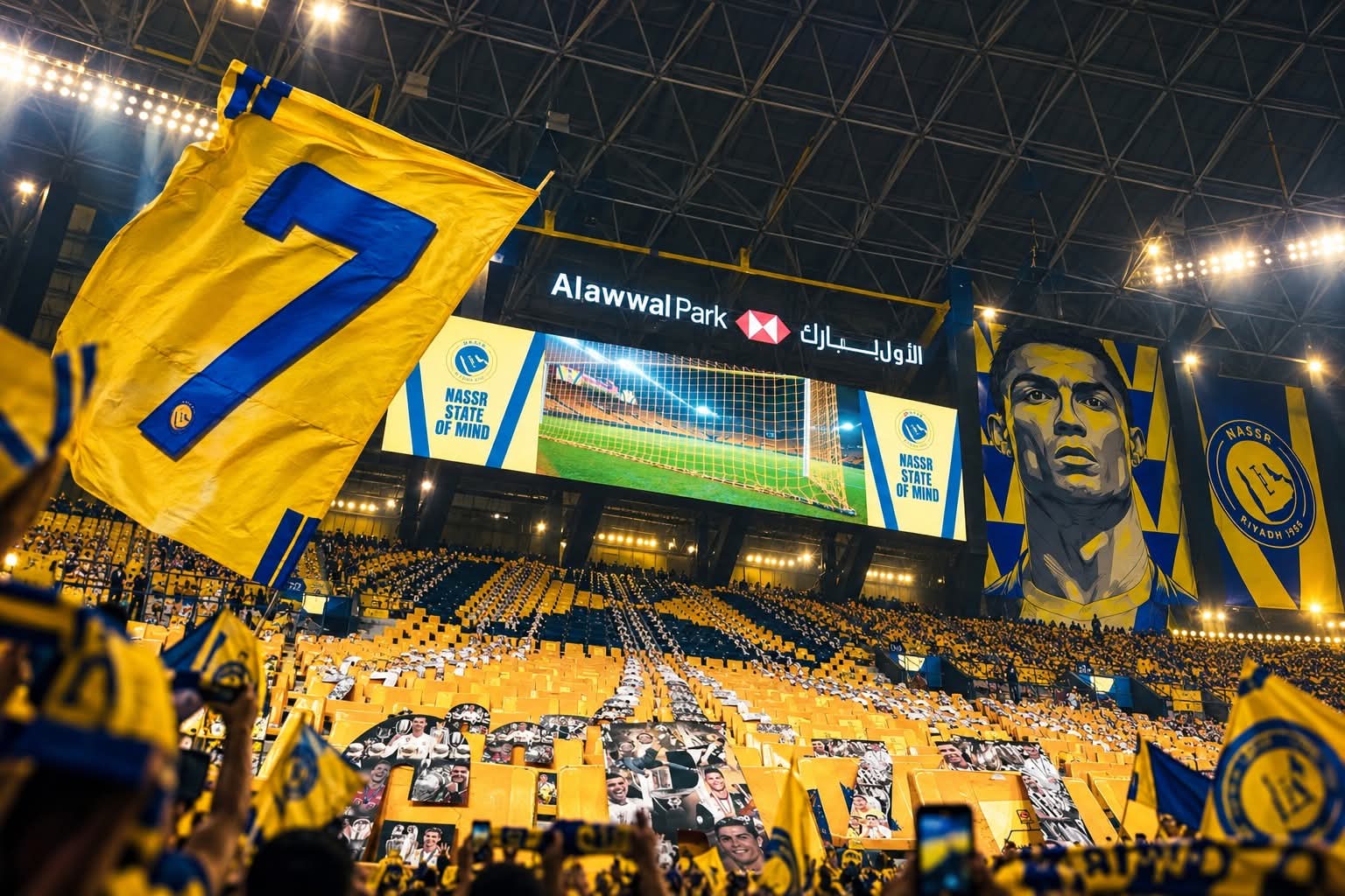 جماهير النصر ترفع تيفو خاصًا لدعم رونالدو أمام الدرعية جماهير النصر ترفع تيفو خاصًا لدعم رونالدو أمام الدرعية