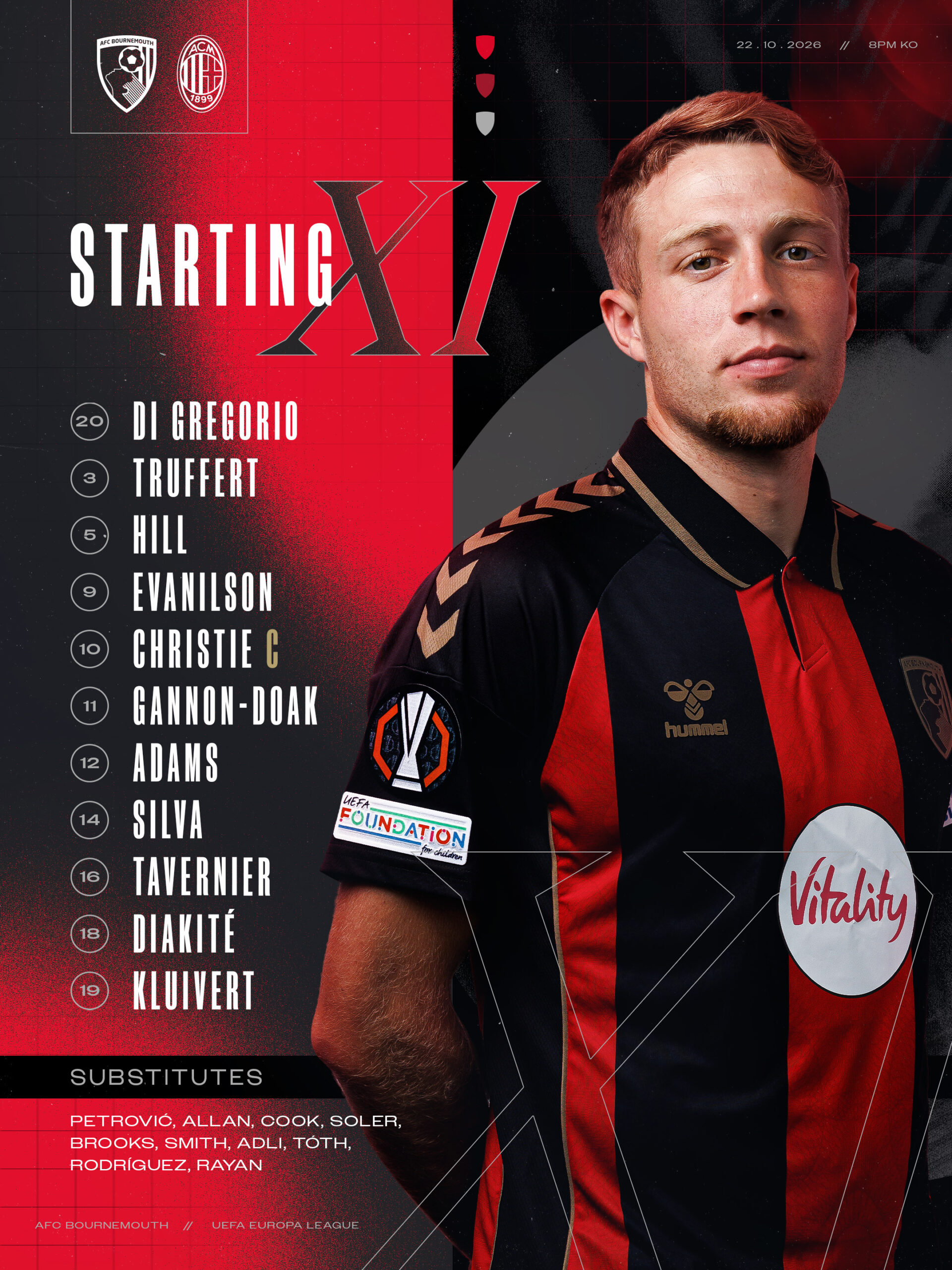 TEAM NEWS: AFC Bournemouth XI: Di Gregorio, Truffert, Hill, Evanilson, Christie (C), Gannon-Doak, Adams, Silva, Tavernier, Diakite, Kluivert.