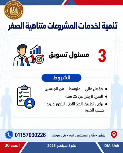 وزارة العمل توفر 2539 فرصة عمل في 11 محافظة