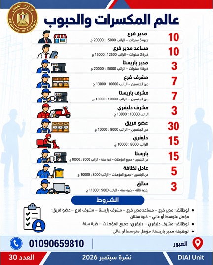 وزارة العمل توفر 2539 فرصة عمل في 11 محافظة