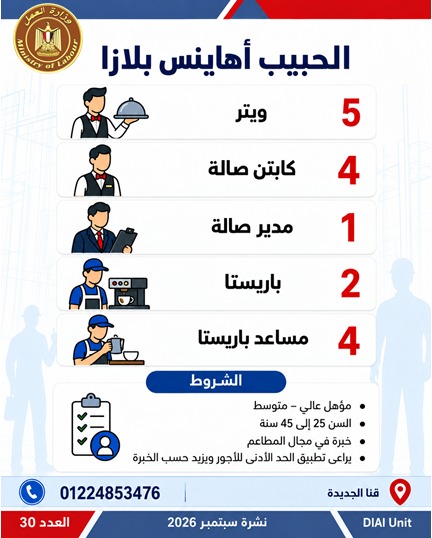 وزارة العمل توفر 2539 فرصة عمل في 11 محافظة