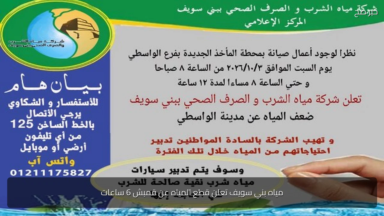 مياه بني سويف تعلن قطع المياه عن قمبش 6 ساعات