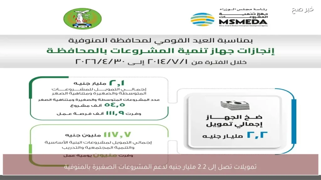 تمويلات تصل إلى 2.2 مليار جنيه لدعم المشروعات الصغيرة بالمنوفية