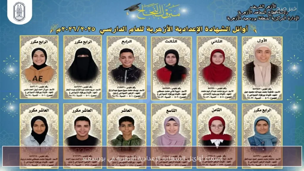 أسماء أوائل الشهادة الإعدادية الأزهرية في بورسعيد