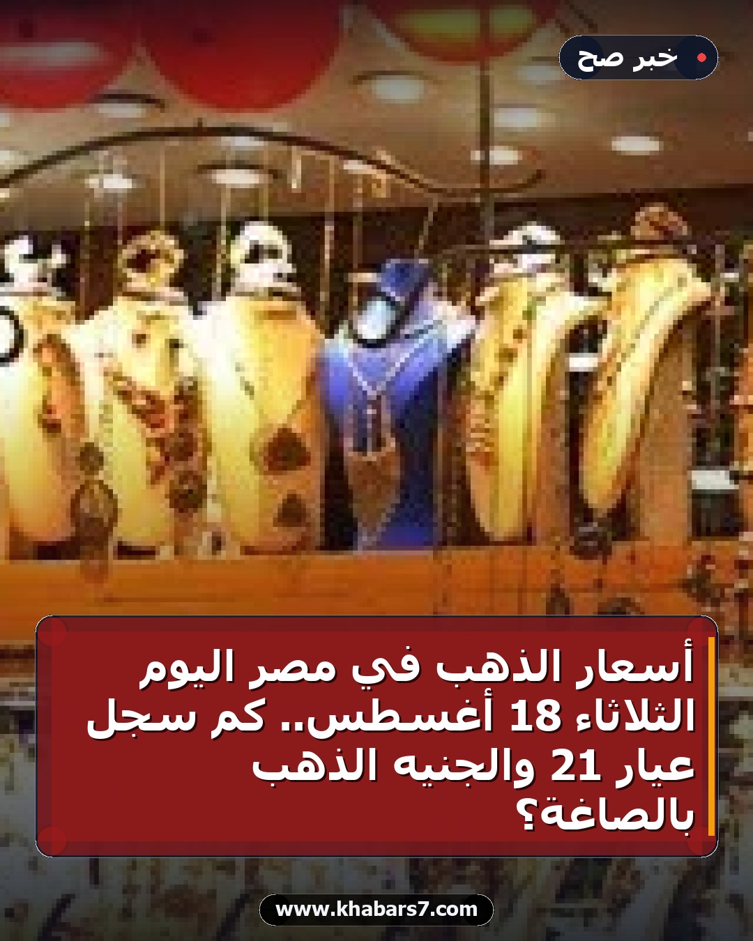 أسعار الذهب في مصر اليوم الثلاثاء 18 أغسطس.. كم سجل عيار 21 والجنيه الذهب بالصاغة؟