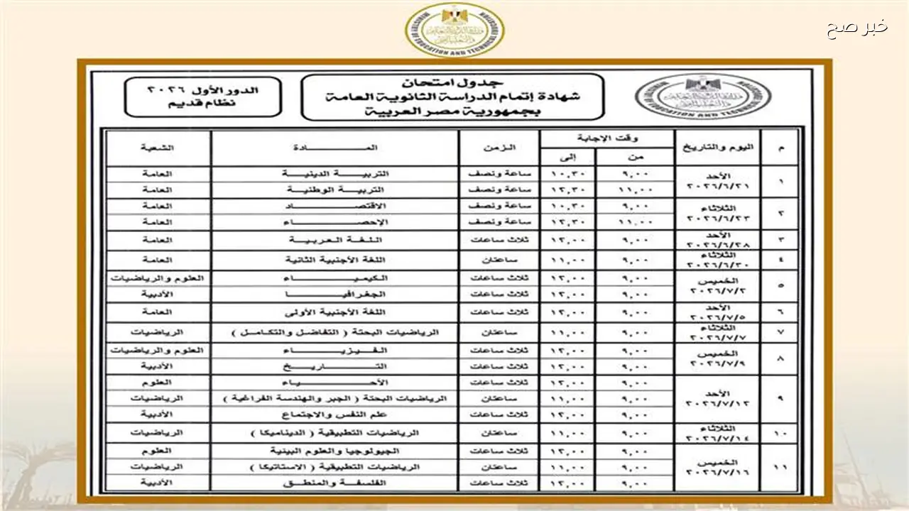 إعلان الجداول الكاملة لامتحانات الثانوية العامة للنظامين الجديد والقديم