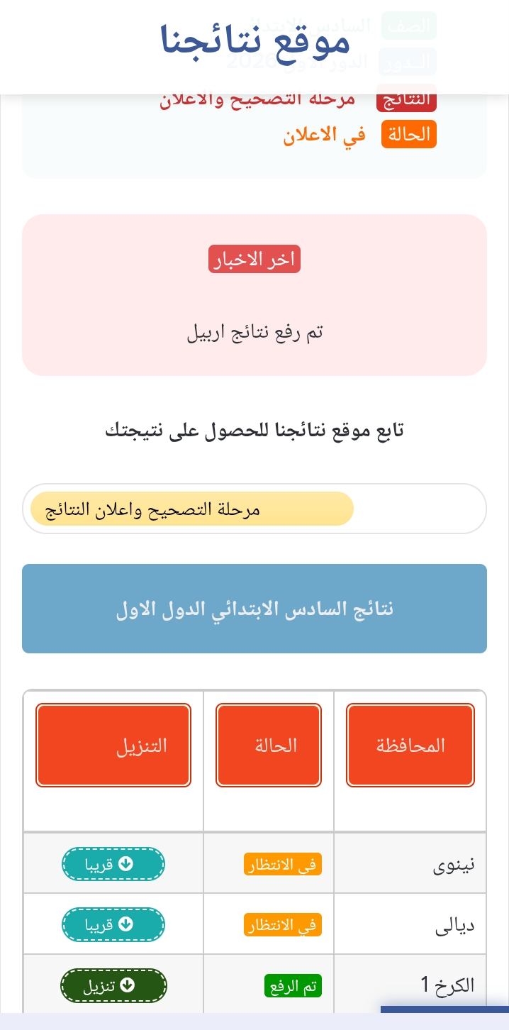 رابط نتائج الصف السادس الابتدائي 2026 الدور الأول في العراق بالاسم والرقم الامتحاني عبر موقع وزارة التربية ونتائجنا