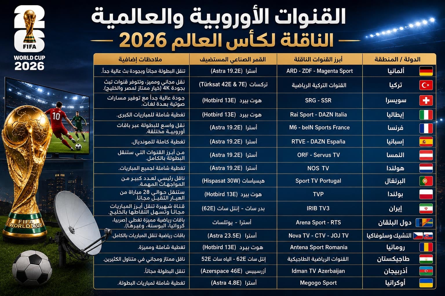 أفضل القنوات المجانية لمشاهدة كأس العالم 2026 مع تعليق عربي